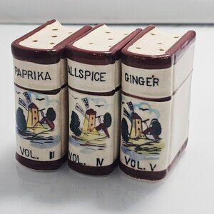 3 Westwood Ceramic Spice Containers book shaped vtg Japan windmill design retro